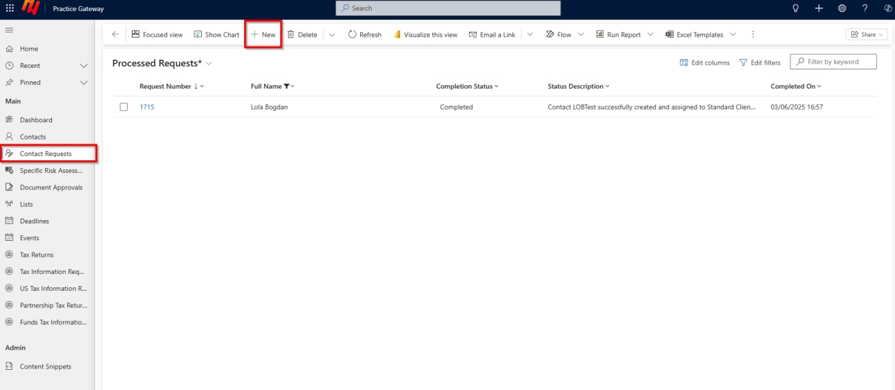Accessing the Contact Request Section