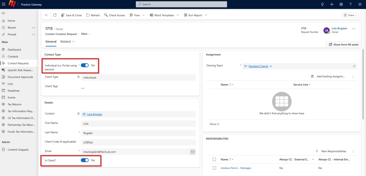 Selecting Contact Type